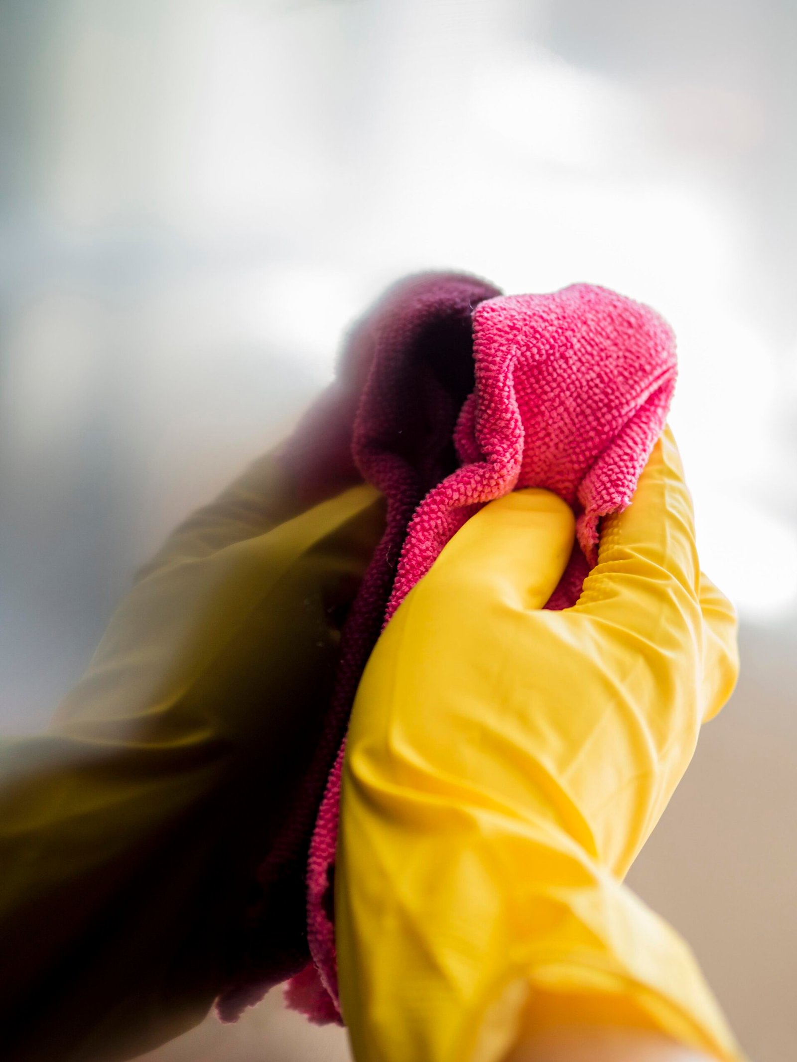 Smiling Black female cleaning professional holding equipment inside modern office in Maryland